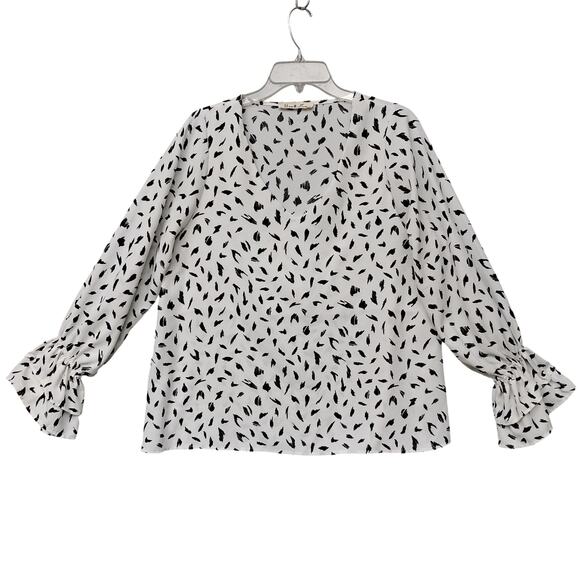 Vine & Love Blouse Size Medium White with Black Brushstroke Print Long Sleeve - Picture 5 of 8